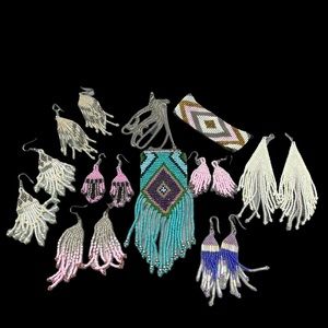 Lot of 9 Necklace Bracelet Earrings Lot Seed Bead Boho Pastels Pink Blue White